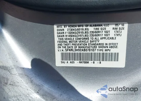 2010 Honda Odyssey Touring from USA, damaged, VIN 5FNRL3H92AB078107